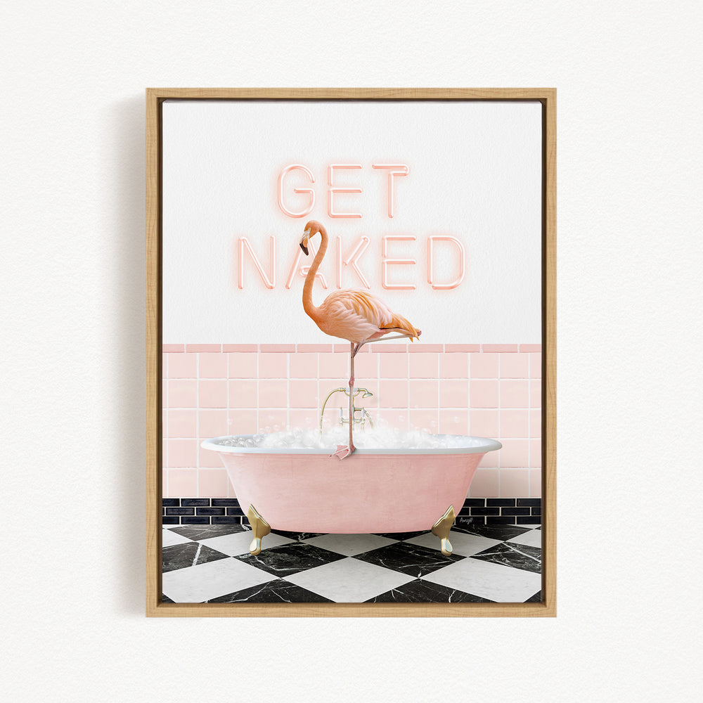 A pink flamingo standing on the edge of a pink bathtub, with the words "GET NAKED" written in neon pink letters above it.