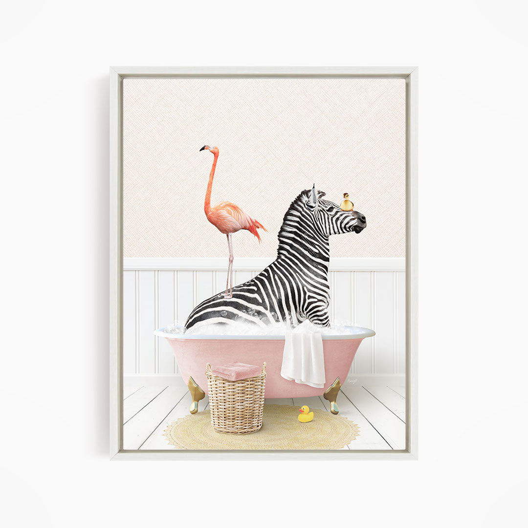 A zebra is sitting in a pink bathtub, with a pink flamingo standing on its back and a yellow rubber duck floating nearby.