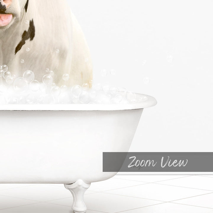 A white bathtub filled with bubbles, with a dog standing inside it.