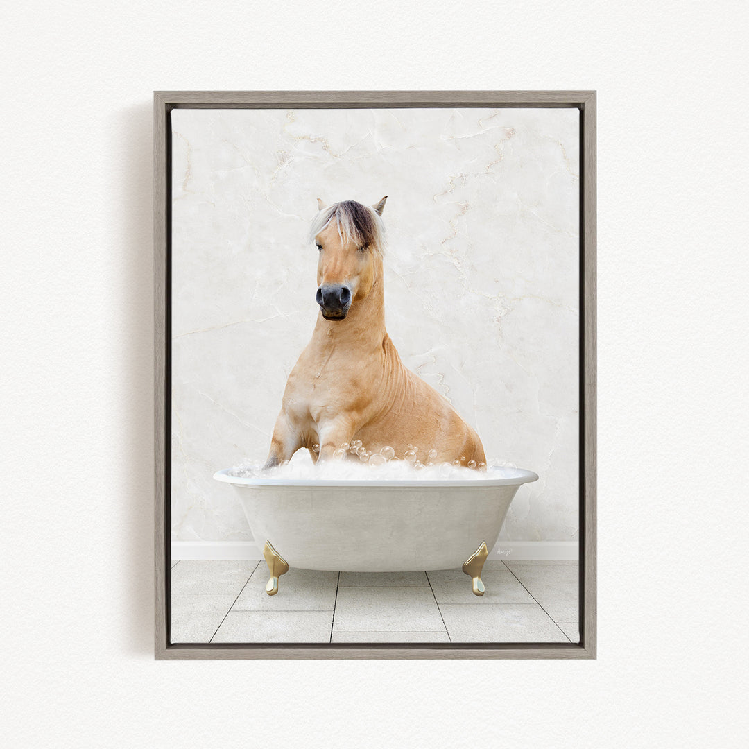 A light brown horse is sitting in a white bathtub filled with water, creating a whimsical and playful scene.