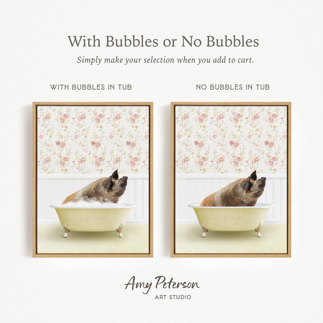 The image is a collage of two pictures, each featuring a pig sitting in a bathtub. The pig in the bathtub has bubbles, while the pig in the other bathtub does not have bubbles. The collage is titled "With Bubbles or No Bubbles" and is created by Amy Peterson from Art Studio.