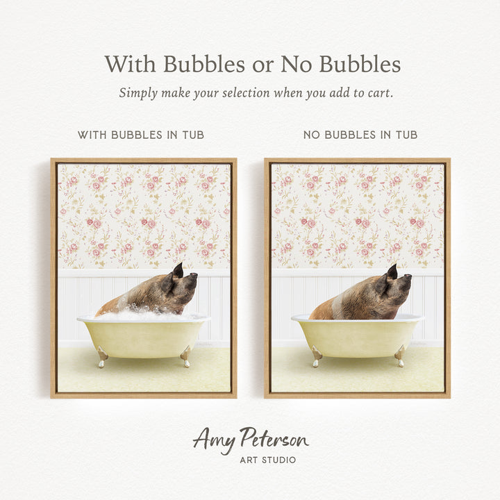 The image is a collage of two pictures, each featuring a pig sitting in a bathtub. The pig in the bathtub has bubbles, while the pig in the other bathtub does not have bubbles. The collage is titled "With Bubbles or No Bubbles" and is created by Amy Peterson from Art Studio.