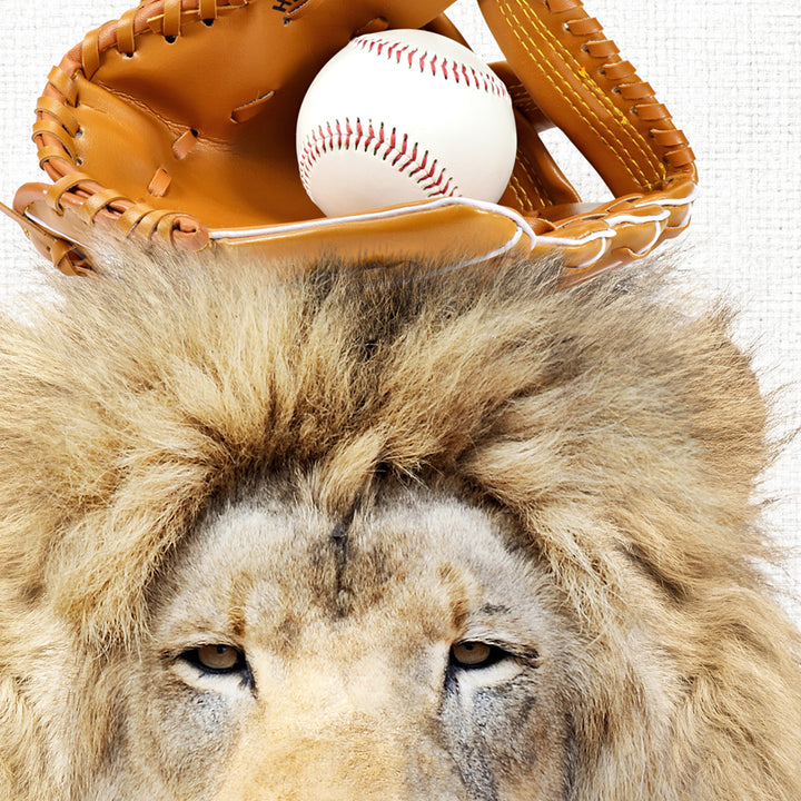 a lion with a baseball glove on its head