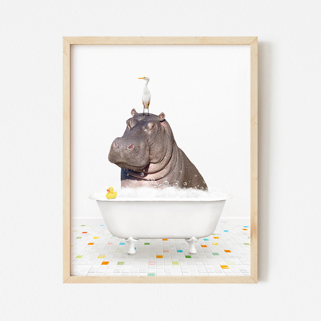 a hippo in a bathtub with a duck on top of it