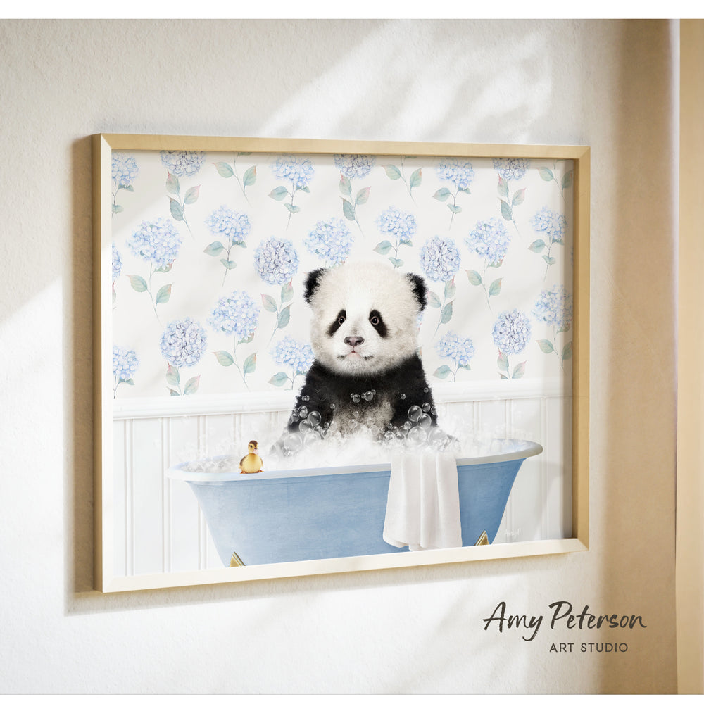 A panda bear sitting in a blue bathtub filled with bubbles, surrounded by a floral pattern on the wall behind it.