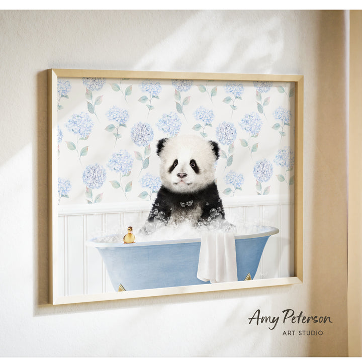 A panda bear sitting in a blue bathtub filled with bubbles, surrounded by a floral pattern on the wall behind it.