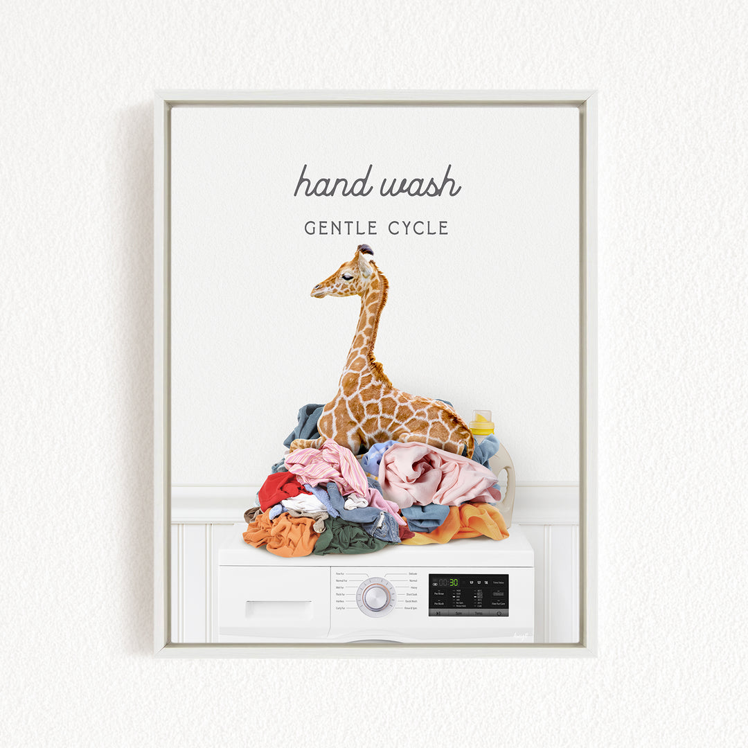 A giraffe sitting on a pile of laundry, with the text "hand wash" and "GENTLE CYCLE" above it.