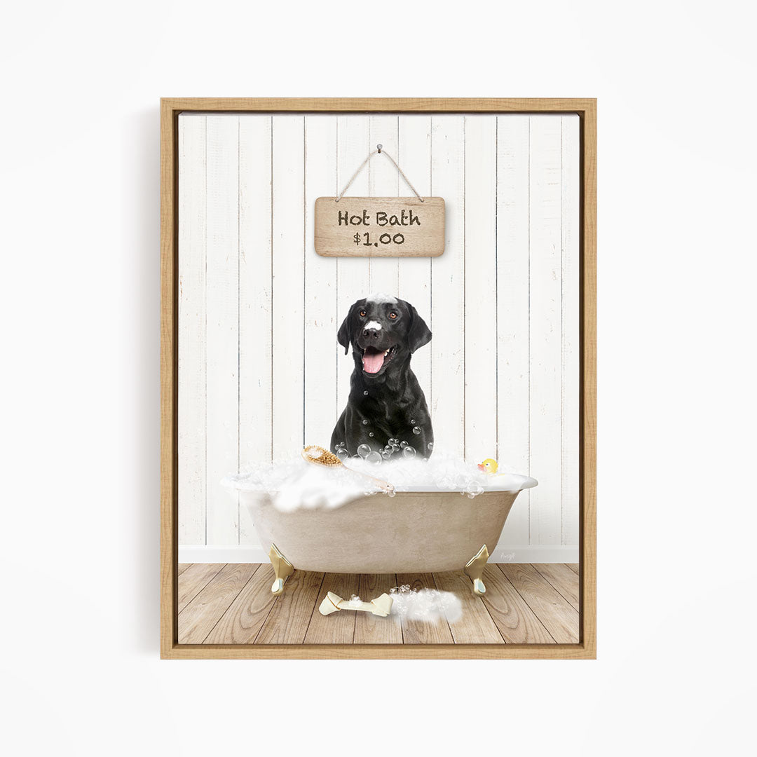 A black dog sitting in a white bathtub filled with bubbles, with a sign above the tub indicating a hot bath for $1.00.
