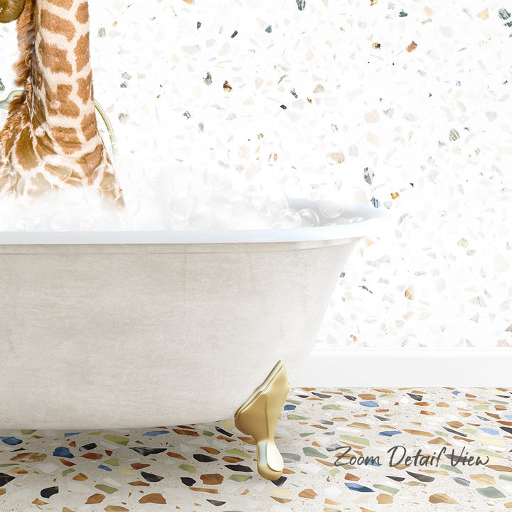 A giraffe standing in a bathtub filled with water, with a mosaic floor in the foreground.