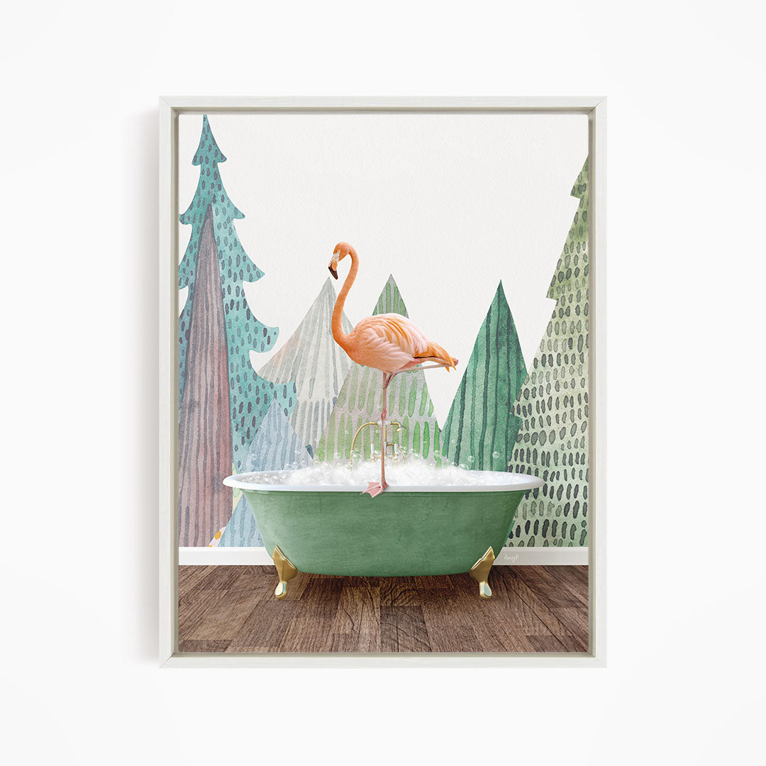 A pink flamingo stands on a green bathtub, surrounded by a forest-themed background with trees and a snowy landscape.