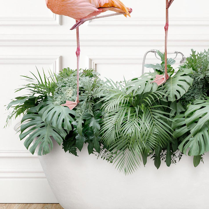 Three Flamingos on Tropical Leaves in Traditional Panel Bath Style