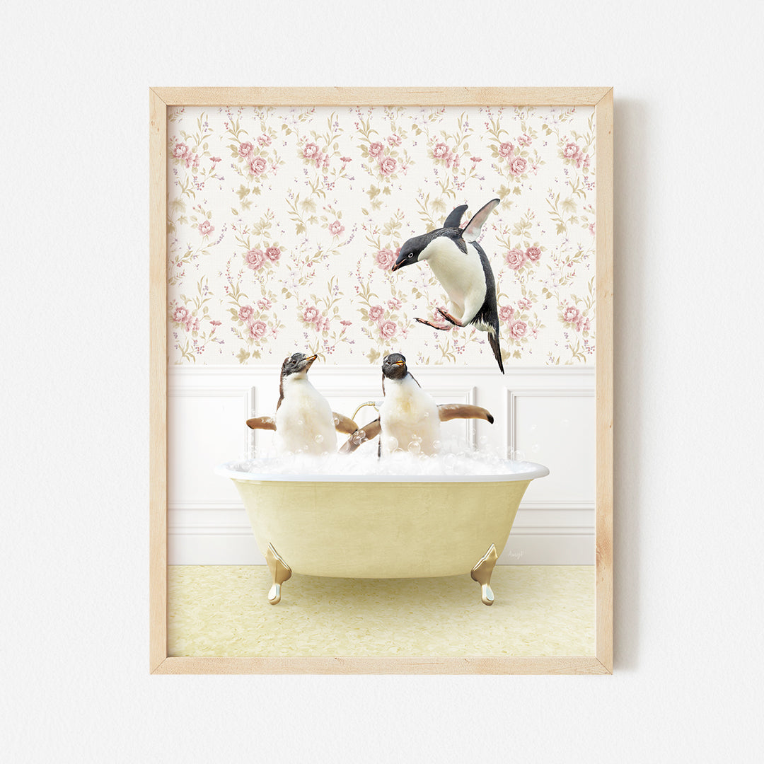 Penguins Playing in Vintage Yellow Bath