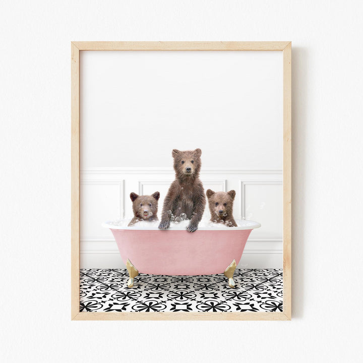 Three Bear Cubs in Stencil Tile with Pink Bathtub Bath