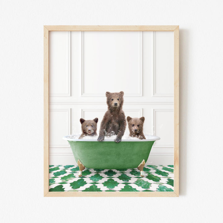 Three Bear Cubs in Eclectic Green Panel Wall Bath