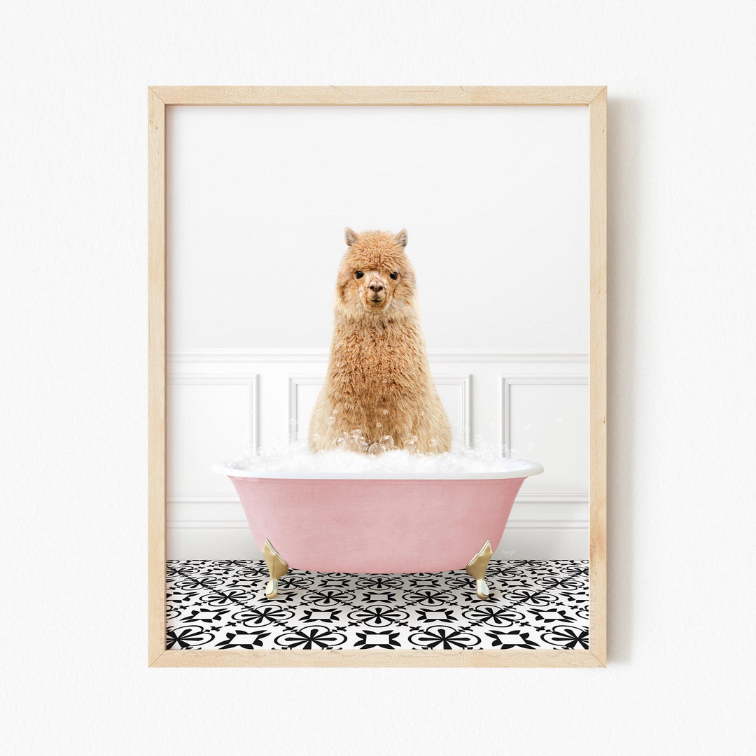 Alpaca in Stencil Tile with Pink Bathtub Bath