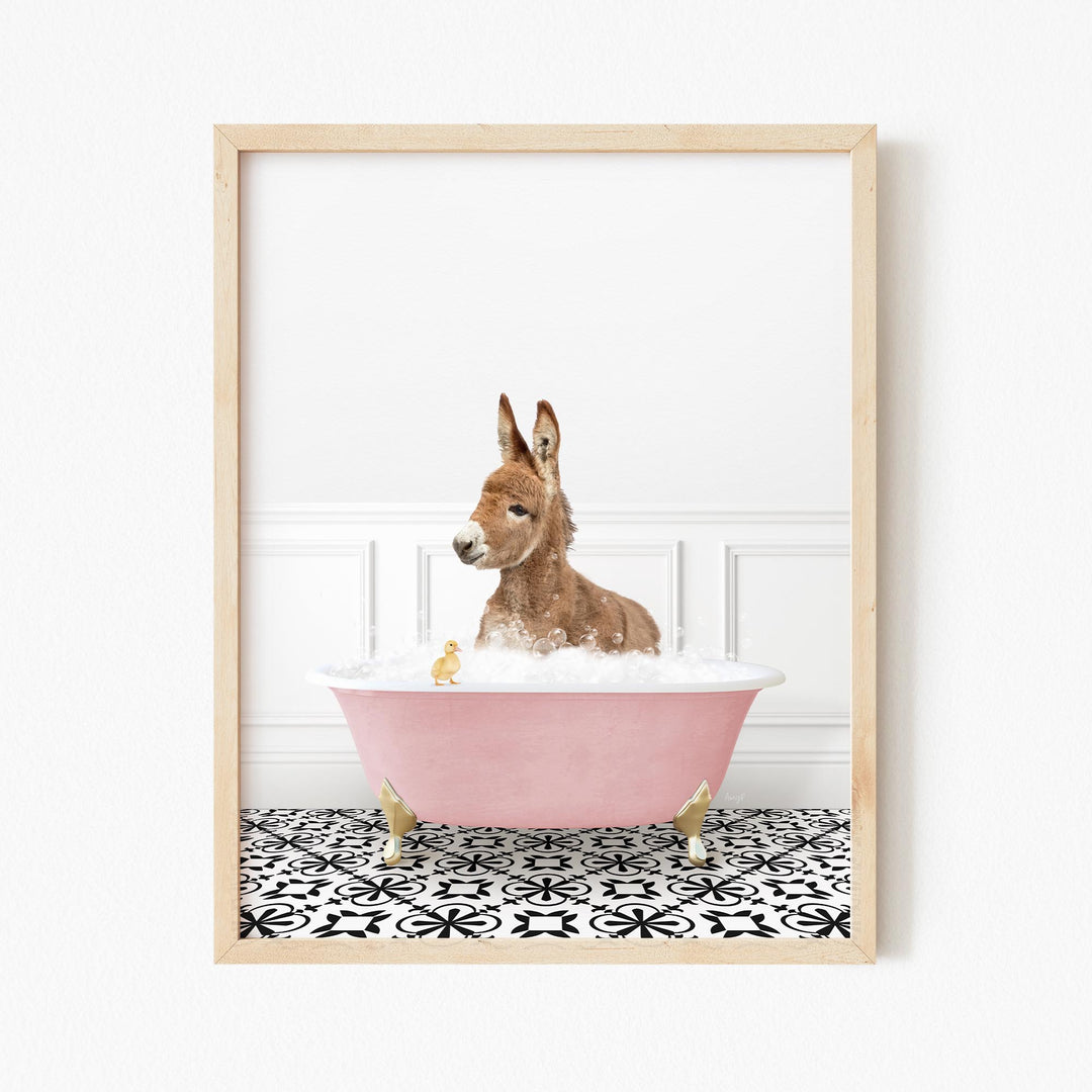 Baby Donkey and Duckling in Stencil Tile with Pink Bathtub Bath