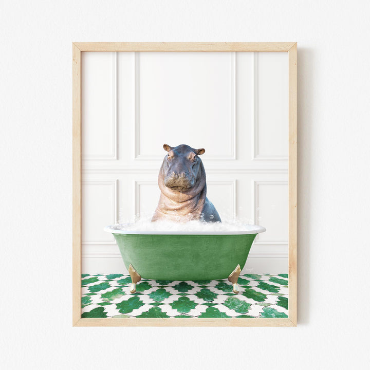 Baby Hippo in Eclectic Green Panel Wall Bath