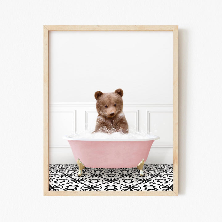 Bear Cub in Stencil Tile with Pink Bathtub Bath