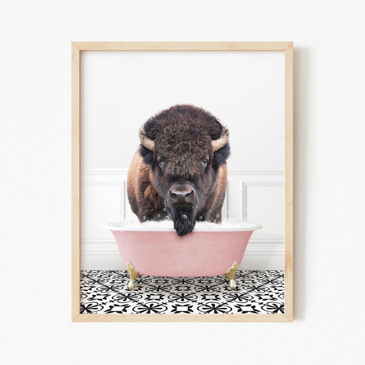 Bison in Stencil Tile with Pink Bathtub Bath