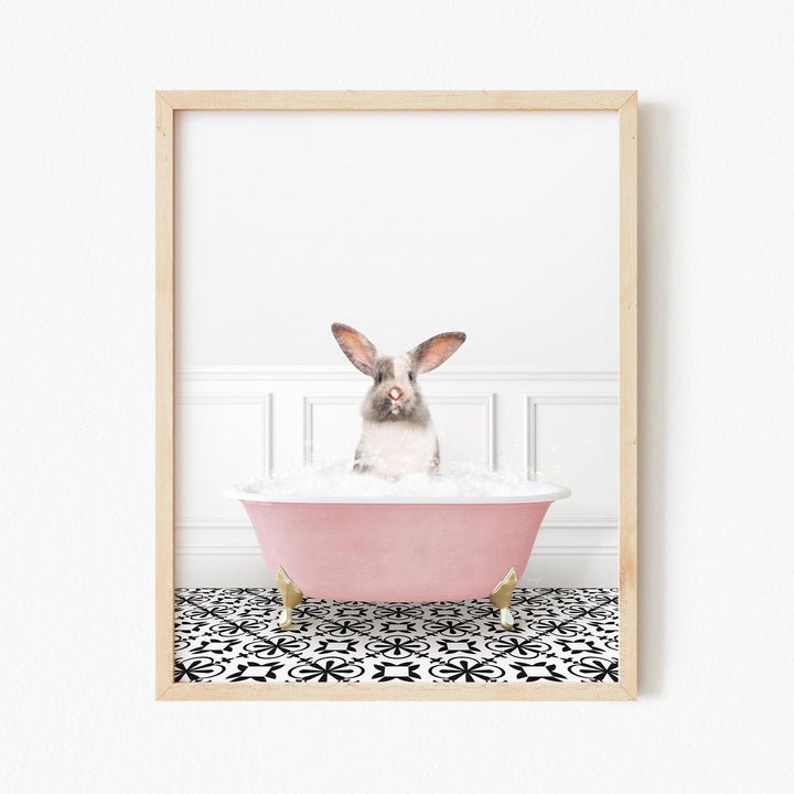 Bunny in Stencil Tile with Pink Bathtub Bath
