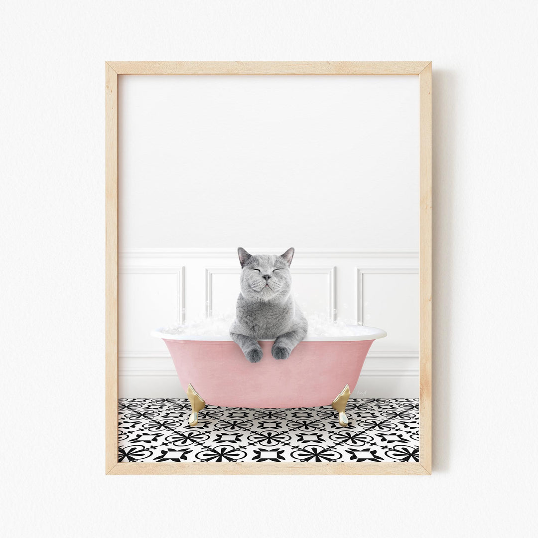 Cat in Stencil Tile with Pink Bathtub Bath