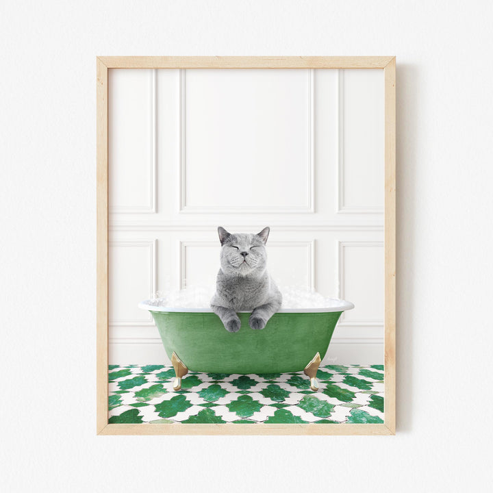 Cat in Eclectic Green Panel Wall Bath