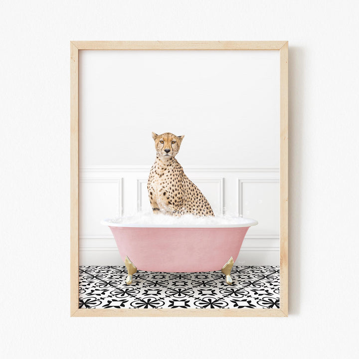 Cheetah in Stencil Tile with Pink Bathtub Bath