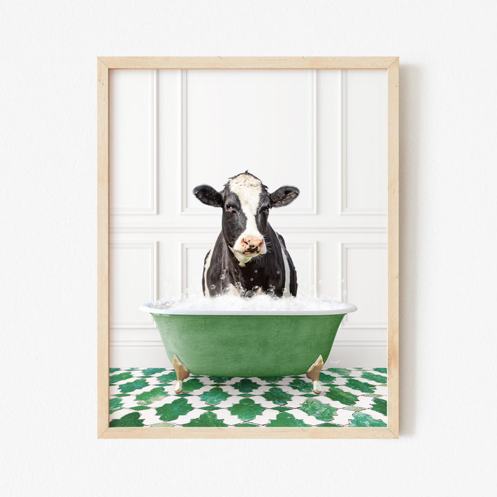 Black and White Cow in Eclectic Green Panel Wall Bath