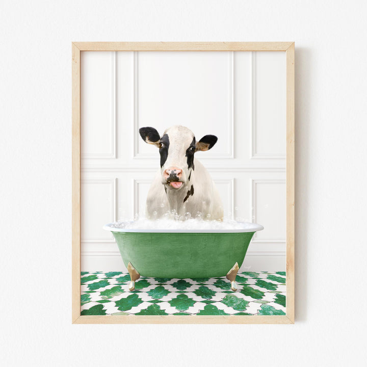 Holstein Cow in Eclectic Green Panel Wall Bath