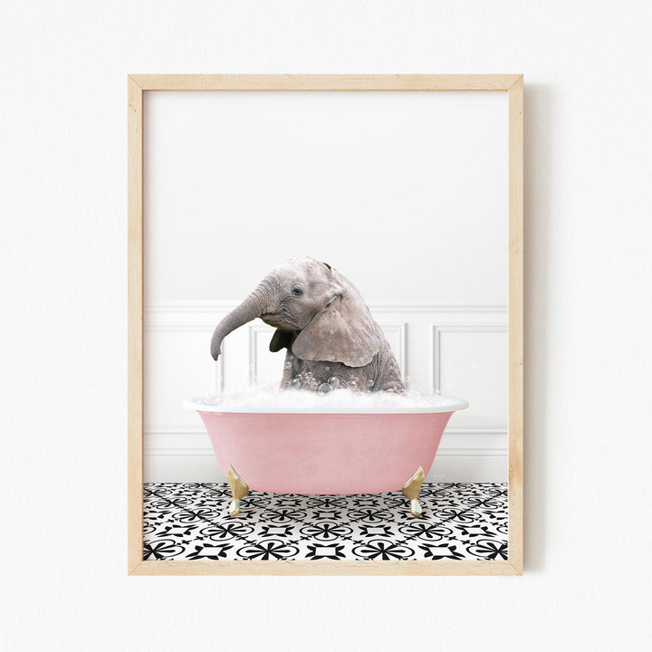 Baby Elephant No1 in Stencil Tile with Pink Bathtub Bath