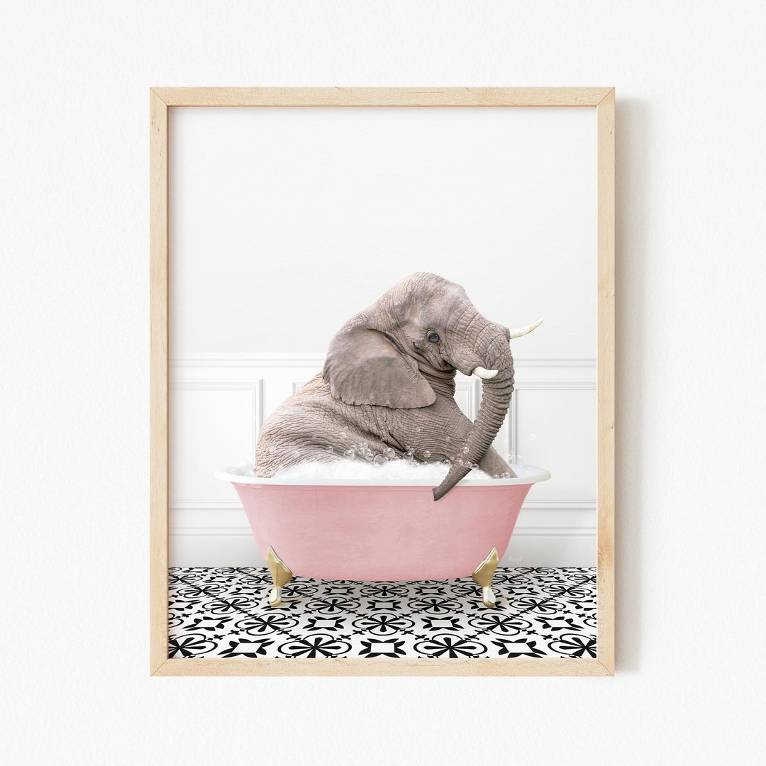 Young Elephant in Stencil Tile with Pink Bathtub Bath