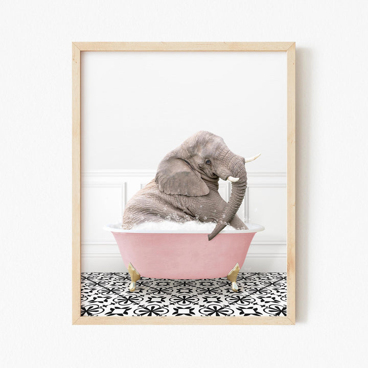 Young Elephant in Stencil Tile with Pink Bathtub Bath