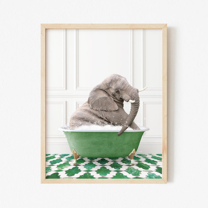 Young Elephant in Eclectic Green Panel Wall Bath