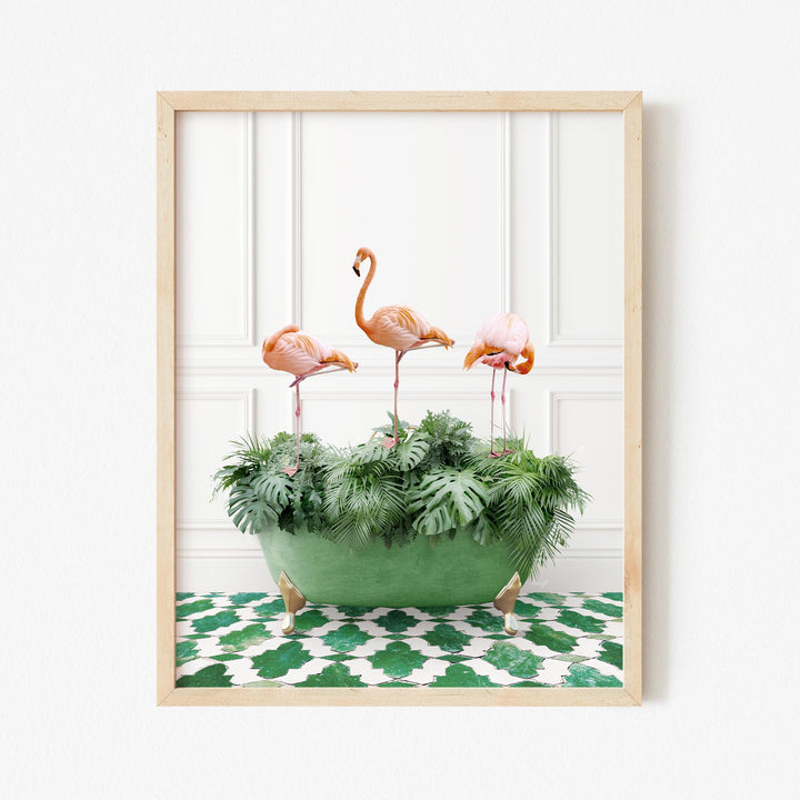 Three Flamingos on Tropical Leaves in Eclectic Green Panel Wall Bath