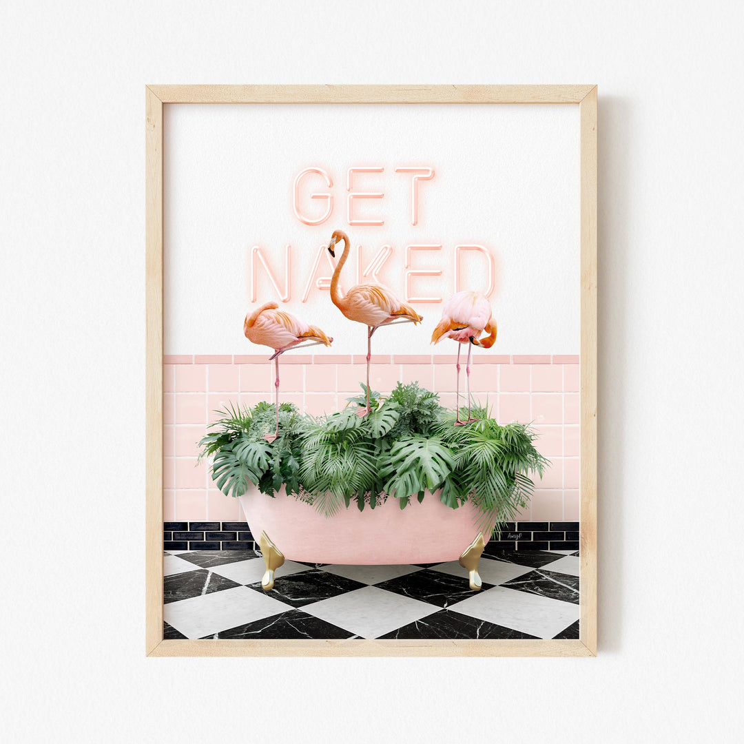 Three Flamingos on Tropical Leaves in Pink Get Naked Bath