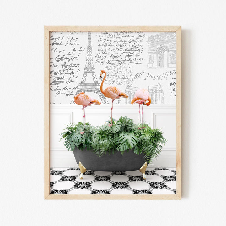 Three Flamingos on Tropical Leaves in Paris Bath