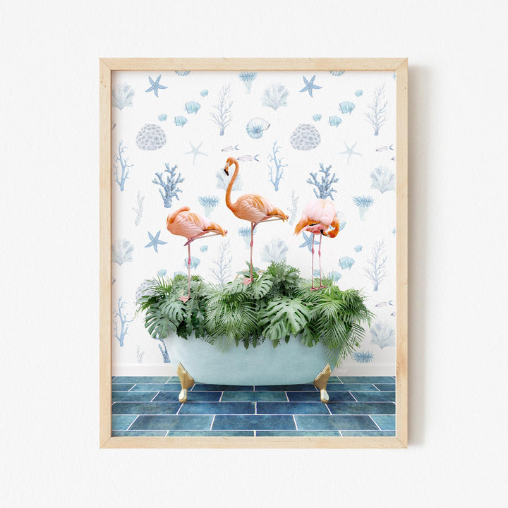 Three Flamingos on Tropical Leaves in Under the Sea Bath