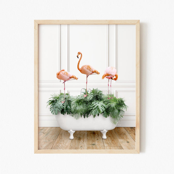 Three Flamingos on Tropical Leaves in Traditional Panel Bath Style