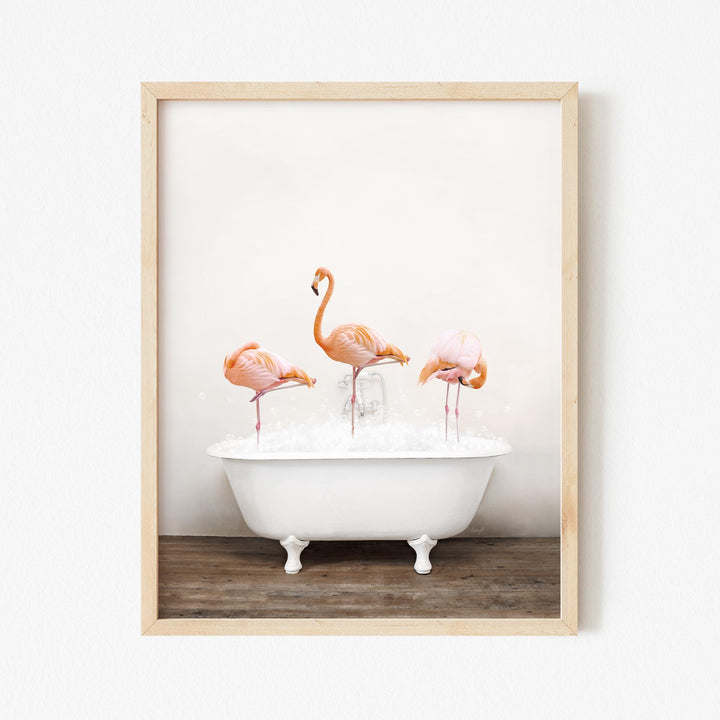 Three Flamingos in Rustic Bath