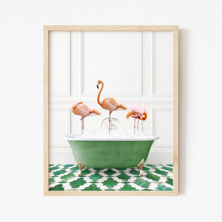 Three Flamingos in Eclectic Green Panel Wall Bath