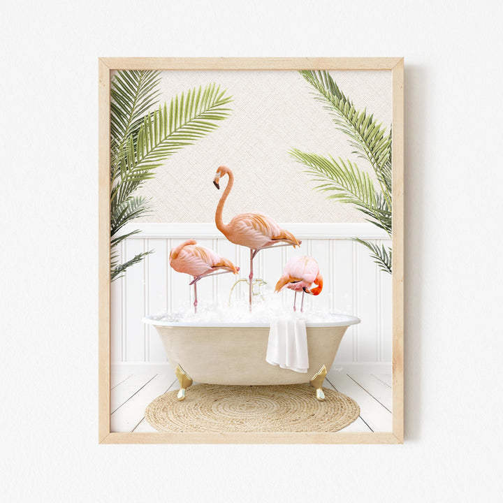 Three Flamingos in Palms Bath