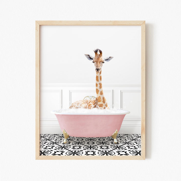 Giraffe in Stencil Tile with Pink Bathtub Bath