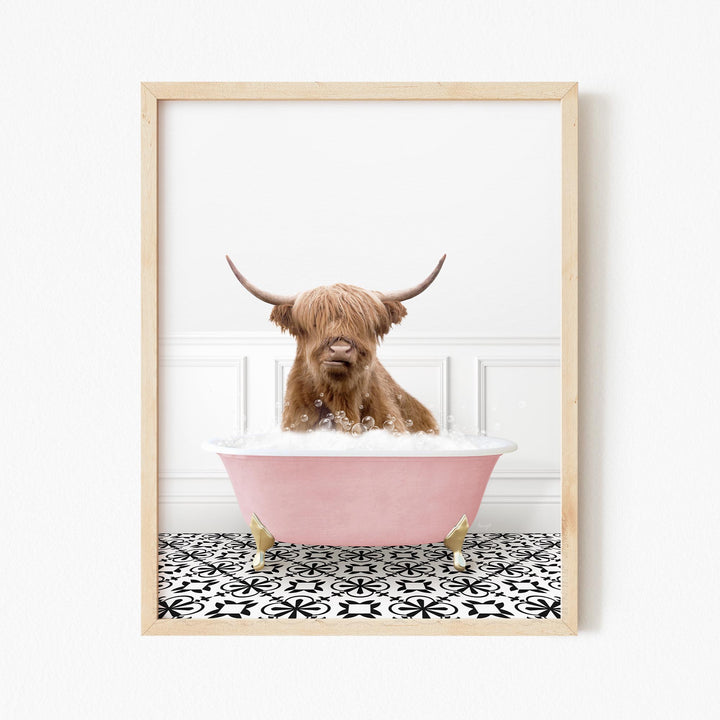 Highland Cow in Stencil Tile with Pink Bathtub Bath