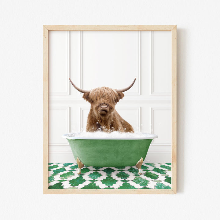 Highland Cow in Eclectic Green Panel Wall Bath