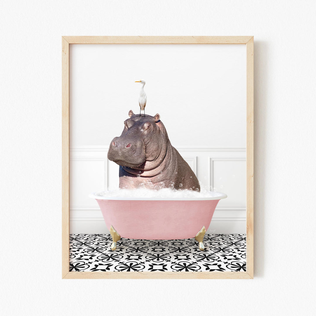 Hippo and Bird in Stencil Tile with Pink Bathtub Bath