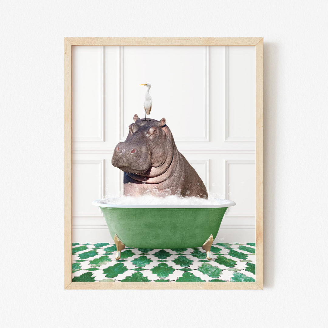 Hippo and Bird in Eclectic Green Panel Wall Bath