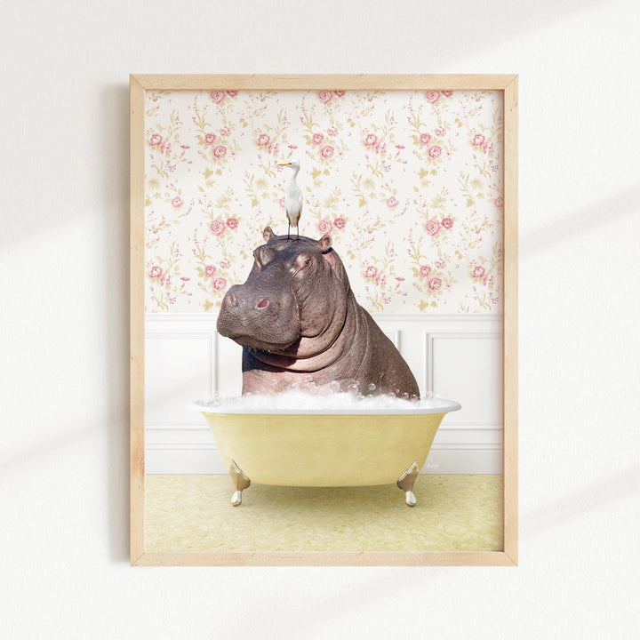 Hippo and Bird in Vintage Yellow Bath