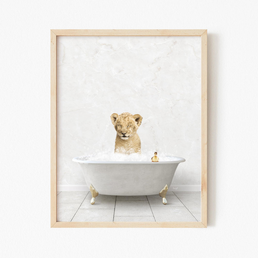 Lion Cub and Duckling in Stone Slab Bath