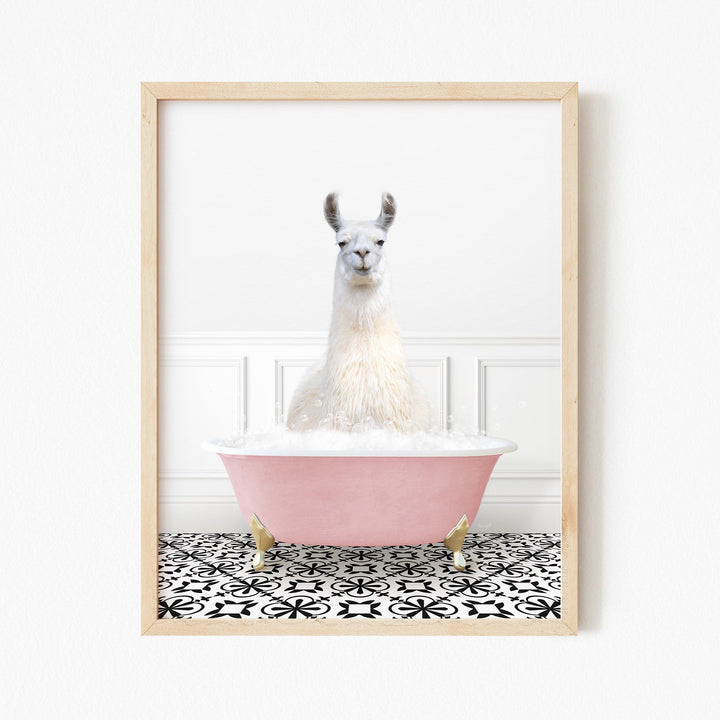 Llama in Stencil Tile with Pink Bathtub Bath