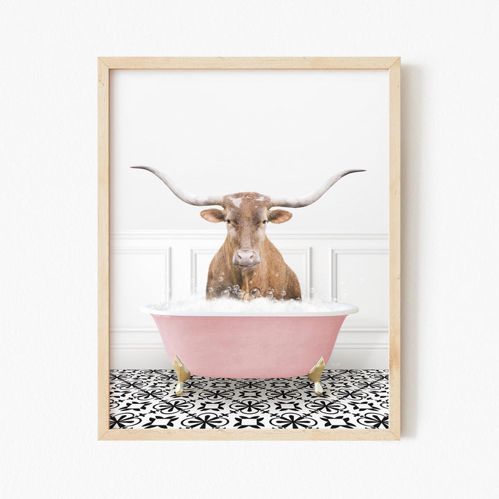 Texas Longhorn Cow in Stencil Tile with Pink Bathtub Bath